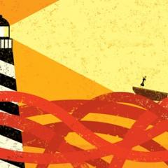 Red tape ocean with boat
