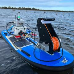 A photo of the autonomous vessel Rogue fully assembled in Coles Bay, Tasmania